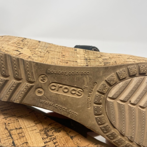 Crocs Women's A-Leigh Cork Black Brown Wedge Strappy Sandals Size 8 - Picture 6 of 8